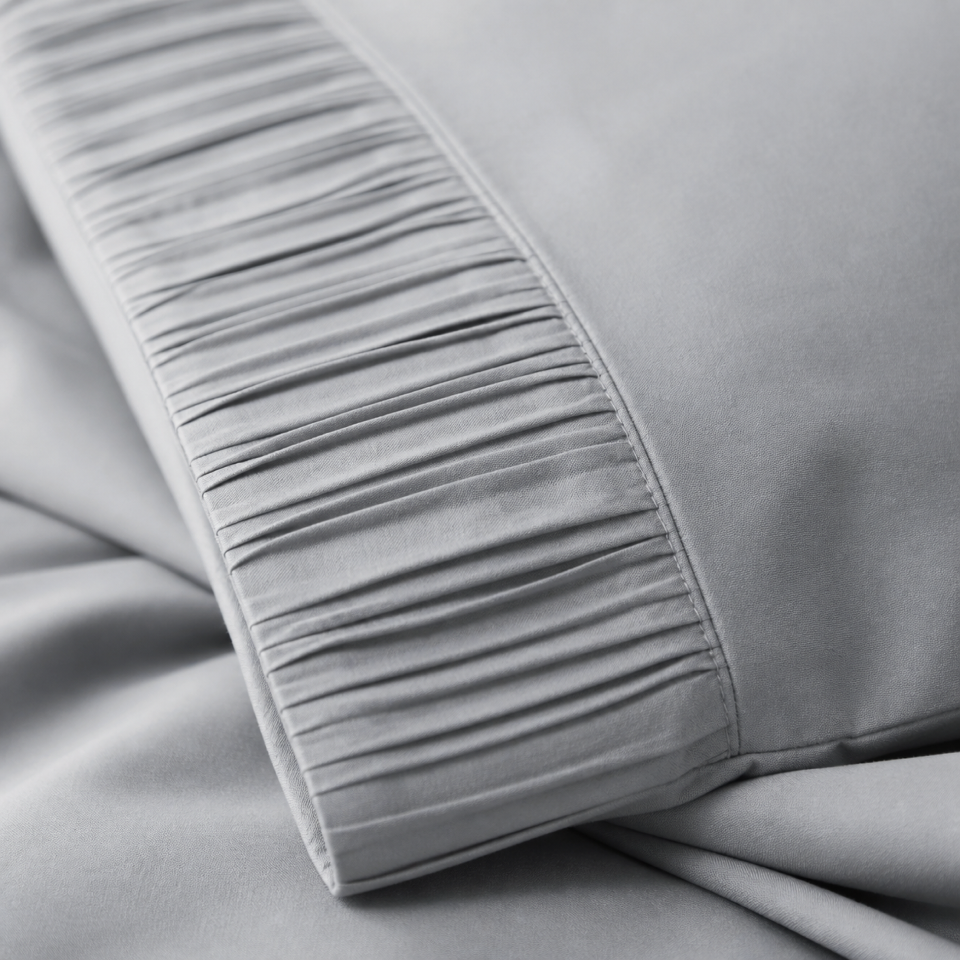 Close-up of the pleated trim on the grey Twin XL pillowcase