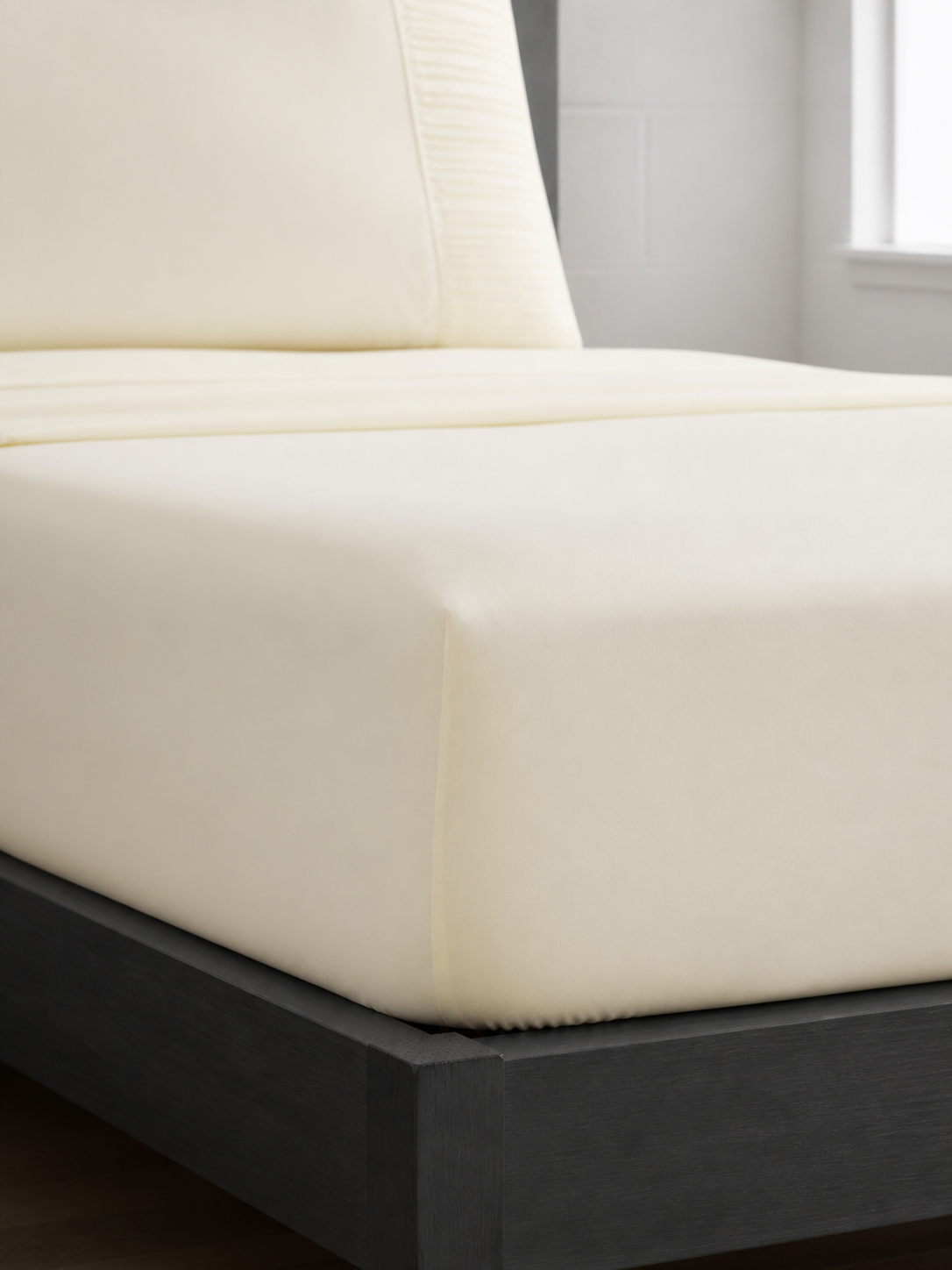 Fitted corner detail of the ivory Twin XL sheet showing the deep pocket