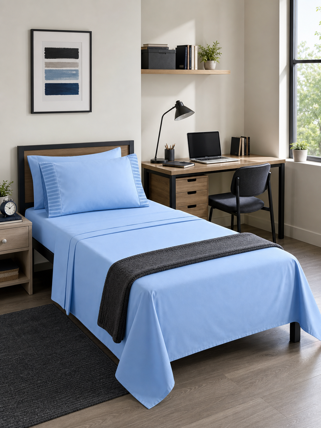 Light blue 4-piece Twin XL sheet set made up on a residence bed