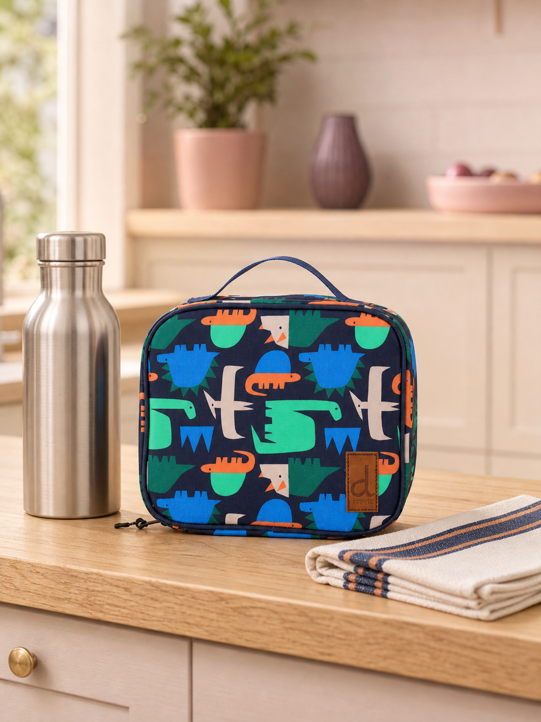 Blue dinosaur print snack box on a kitchen counter