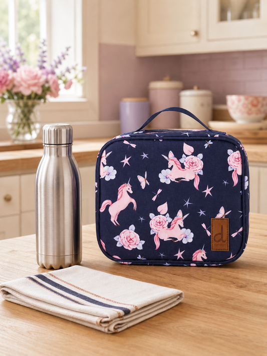 Navy unicorn print snack box on a kitchen counter