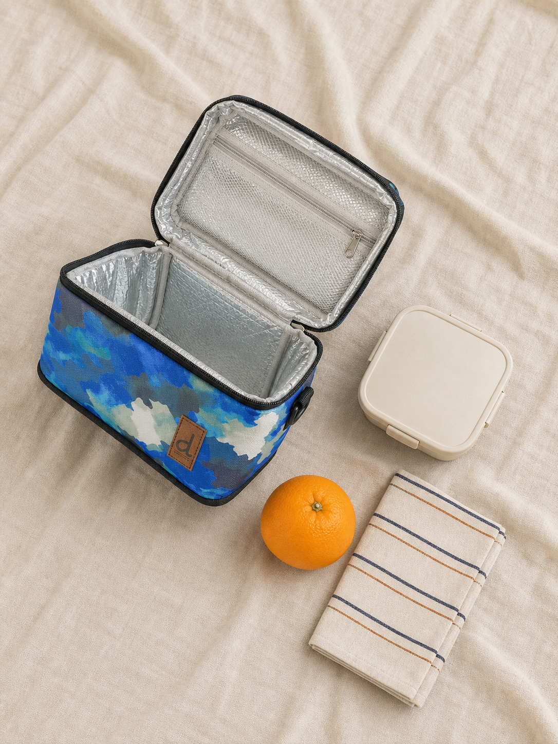 Flat lay of the camouflage lunch box with school supplies