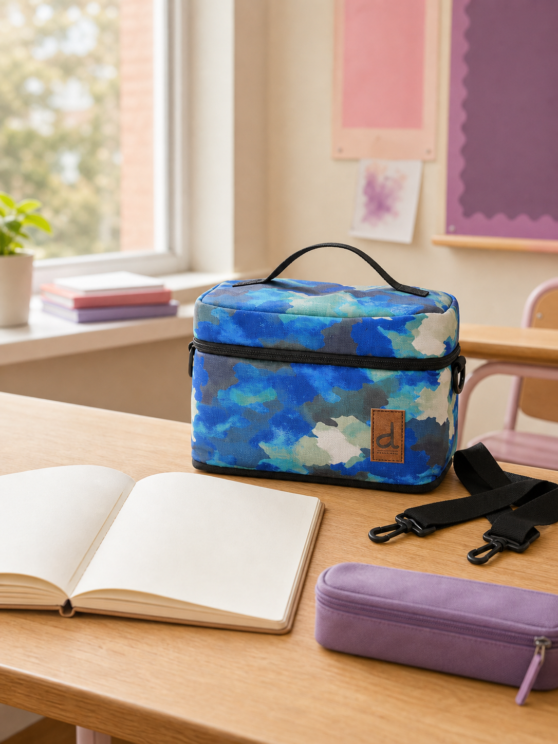 Camouflage lunch box on a school desk