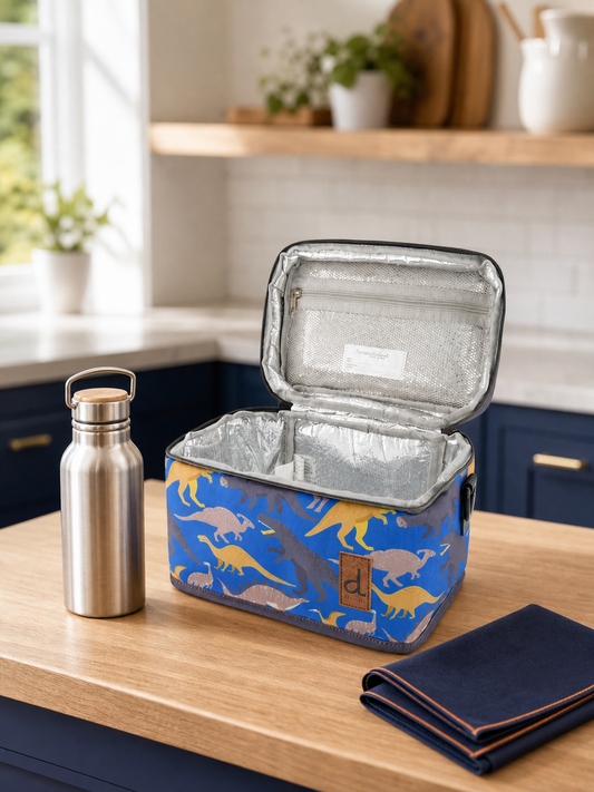 Blue dinosaur print lunch box open on a kitchen counter