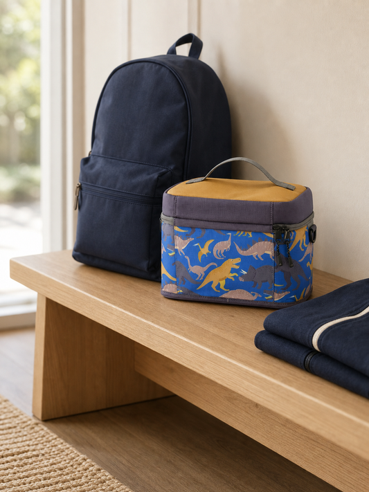 Blue dinosaur lunch box on a hallway bench