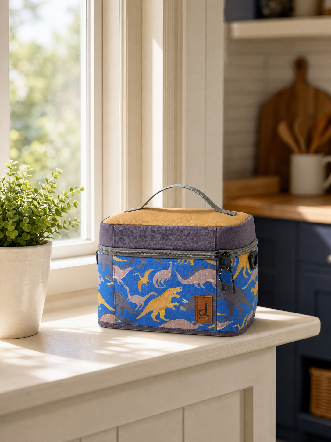 Blue dinosaur print lunch box on a windowsill