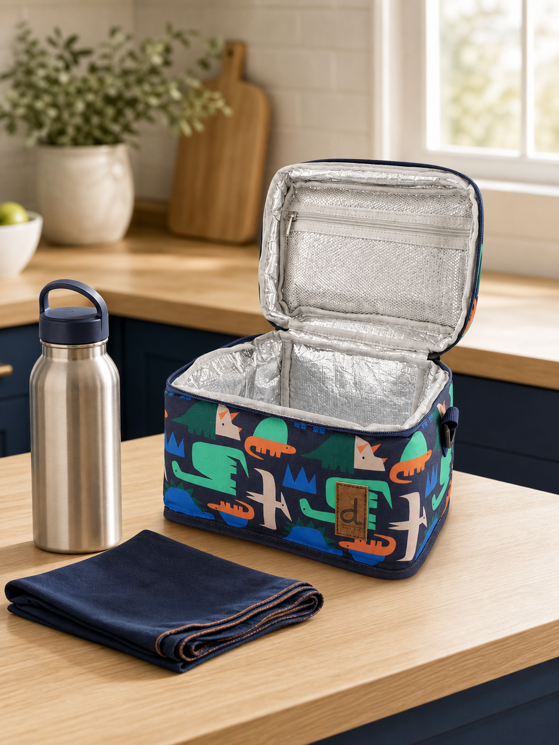 Navy dinosaur print lunch box open on a kitchen counter