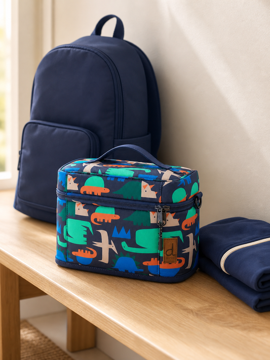 Navy dinosaur lunch box on a hallway bench
