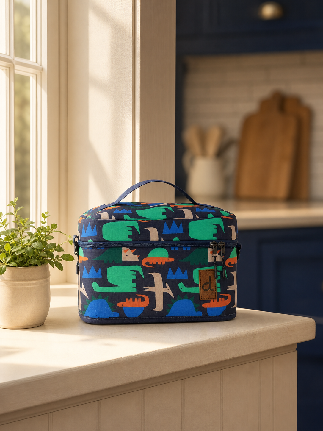 Navy dinosaur print lunch box on a windowsill
