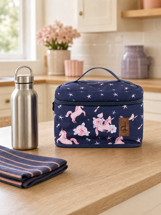 Navy unicorn print lunch box on a kitchen counter