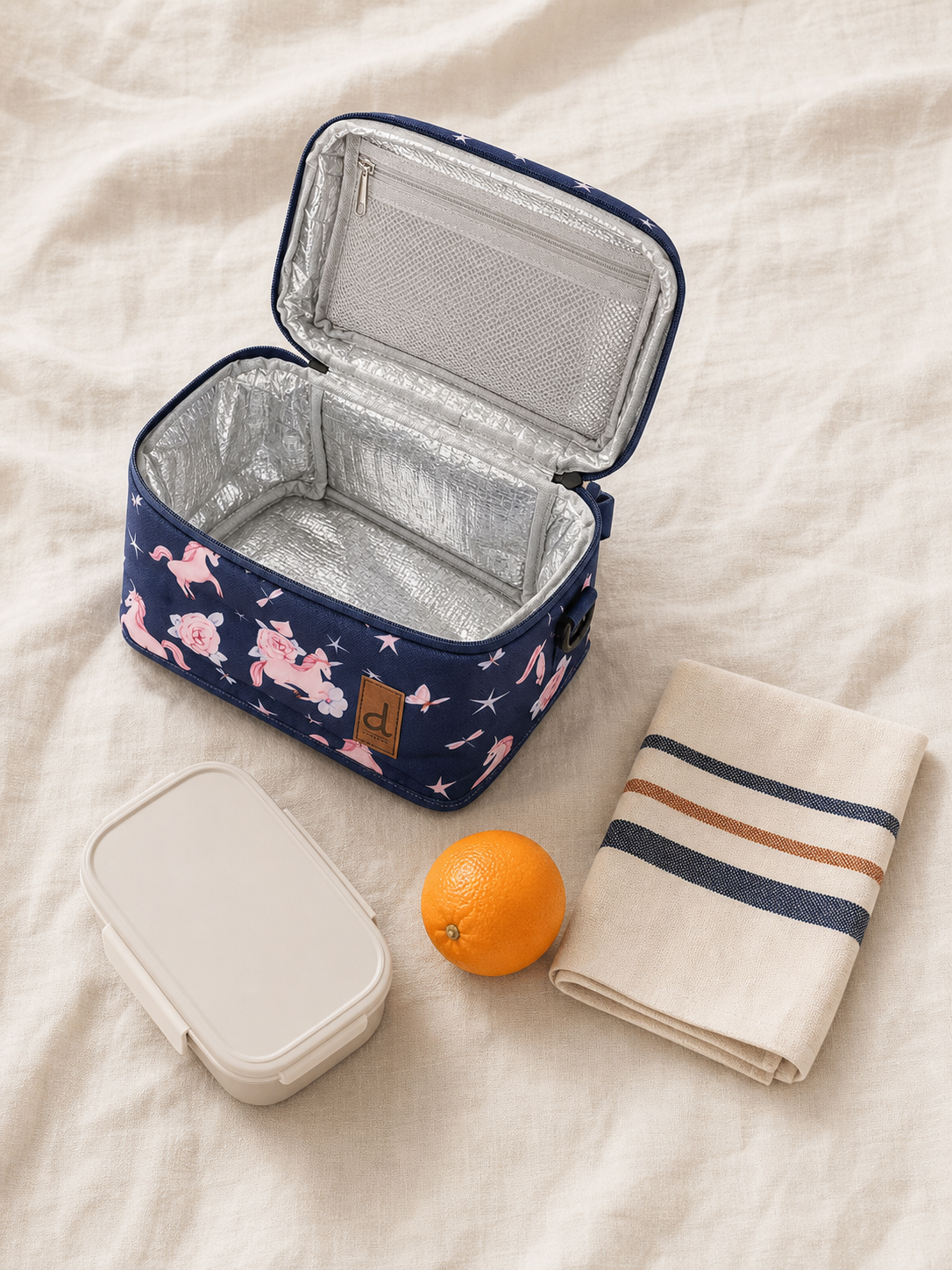 Flat lay of the navy unicorn lunch box with school supplies