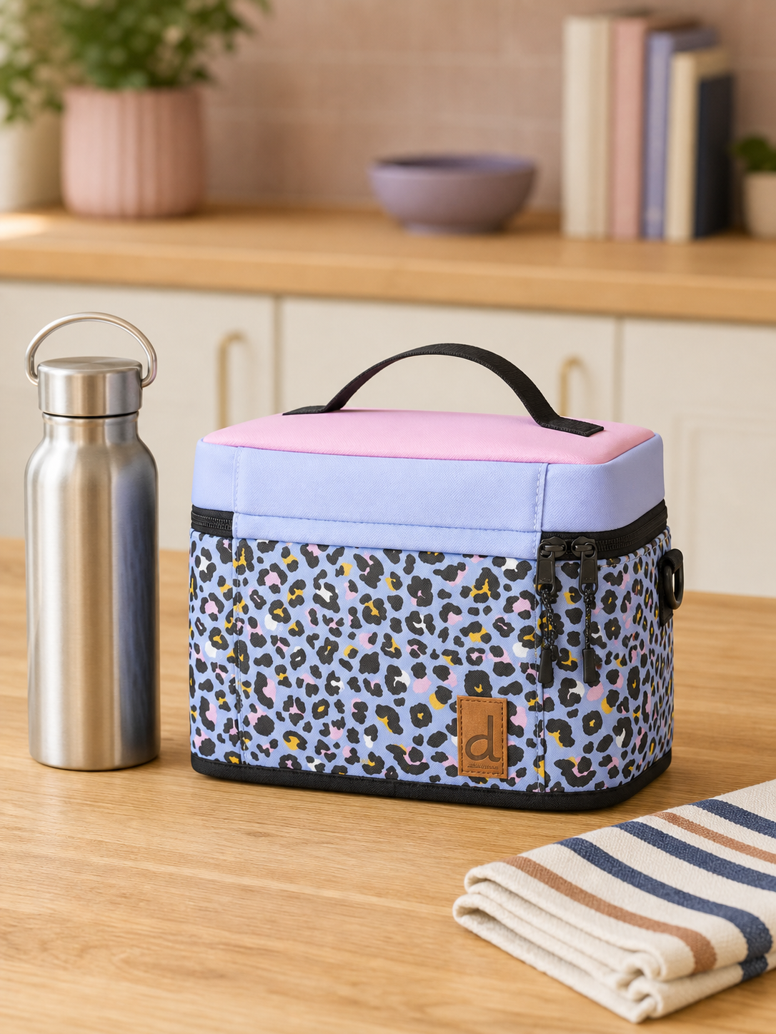 Blue leopard print lunch box on a kitchen counter