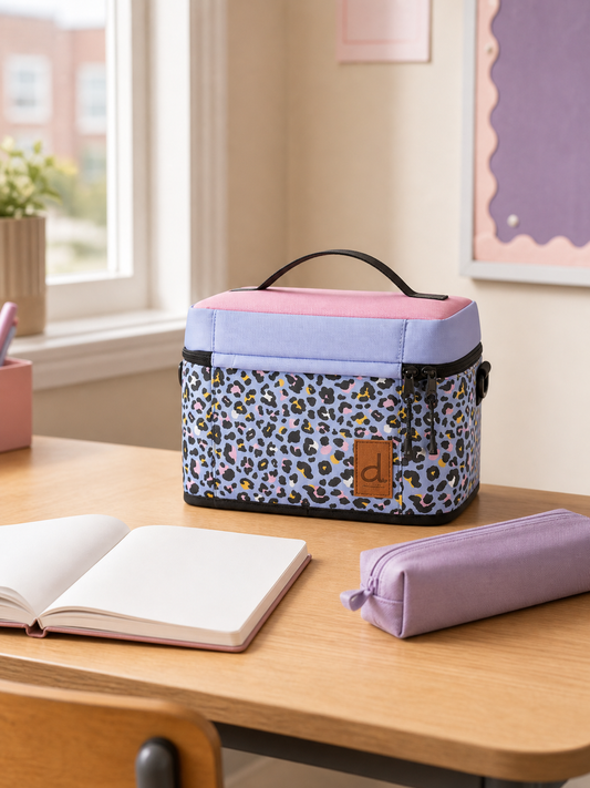 Blue leopard print lunch box on a school desk