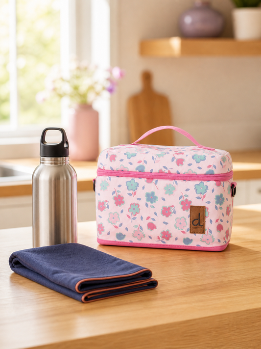 Pink floral print lunch box on a kitchen counter