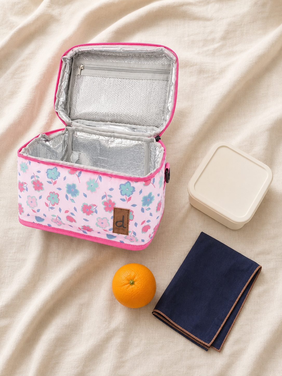 Flat lay of the pink floral lunch box with school supplies