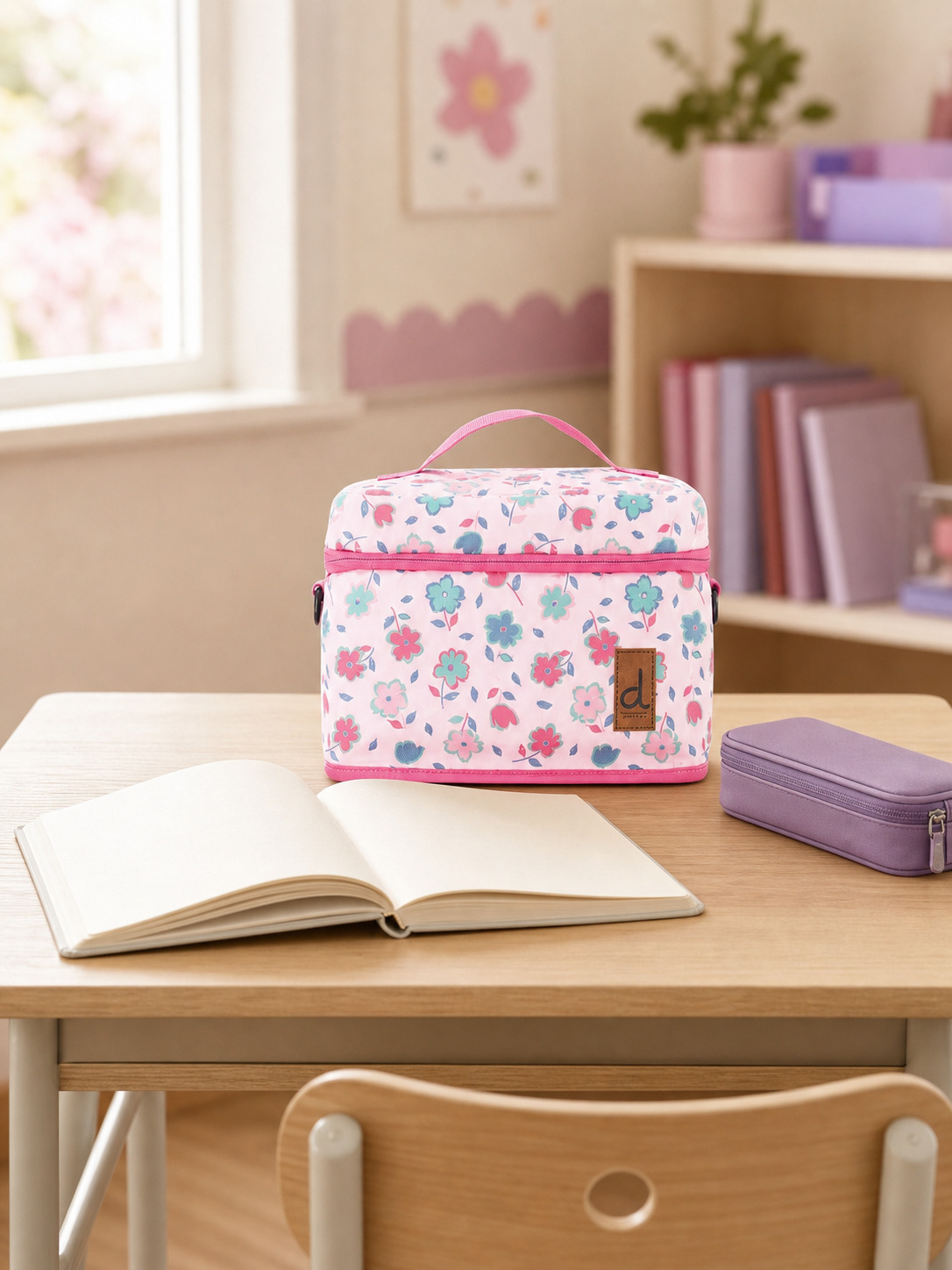 Pink floral lunch box on a school desk