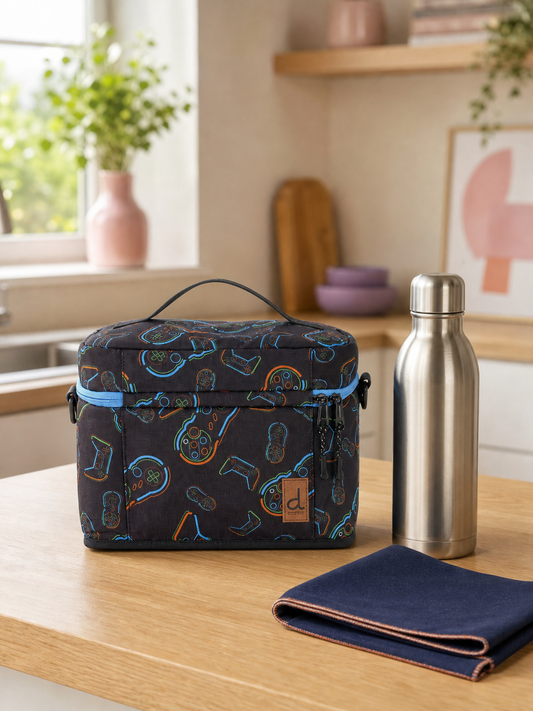 Black game controller print lunch box on a kitchen counter