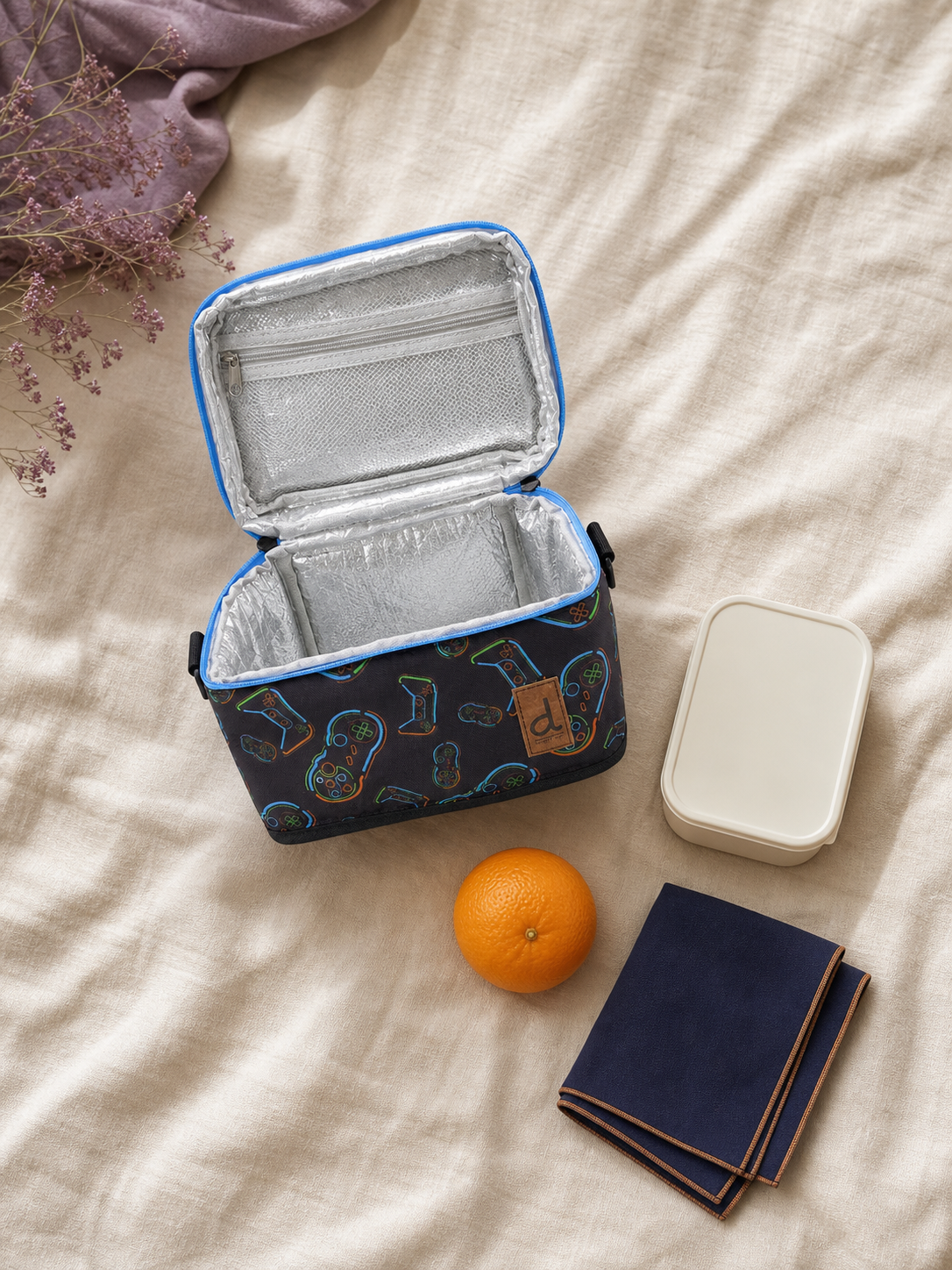 Flat lay of the controller print lunch box with school supplies