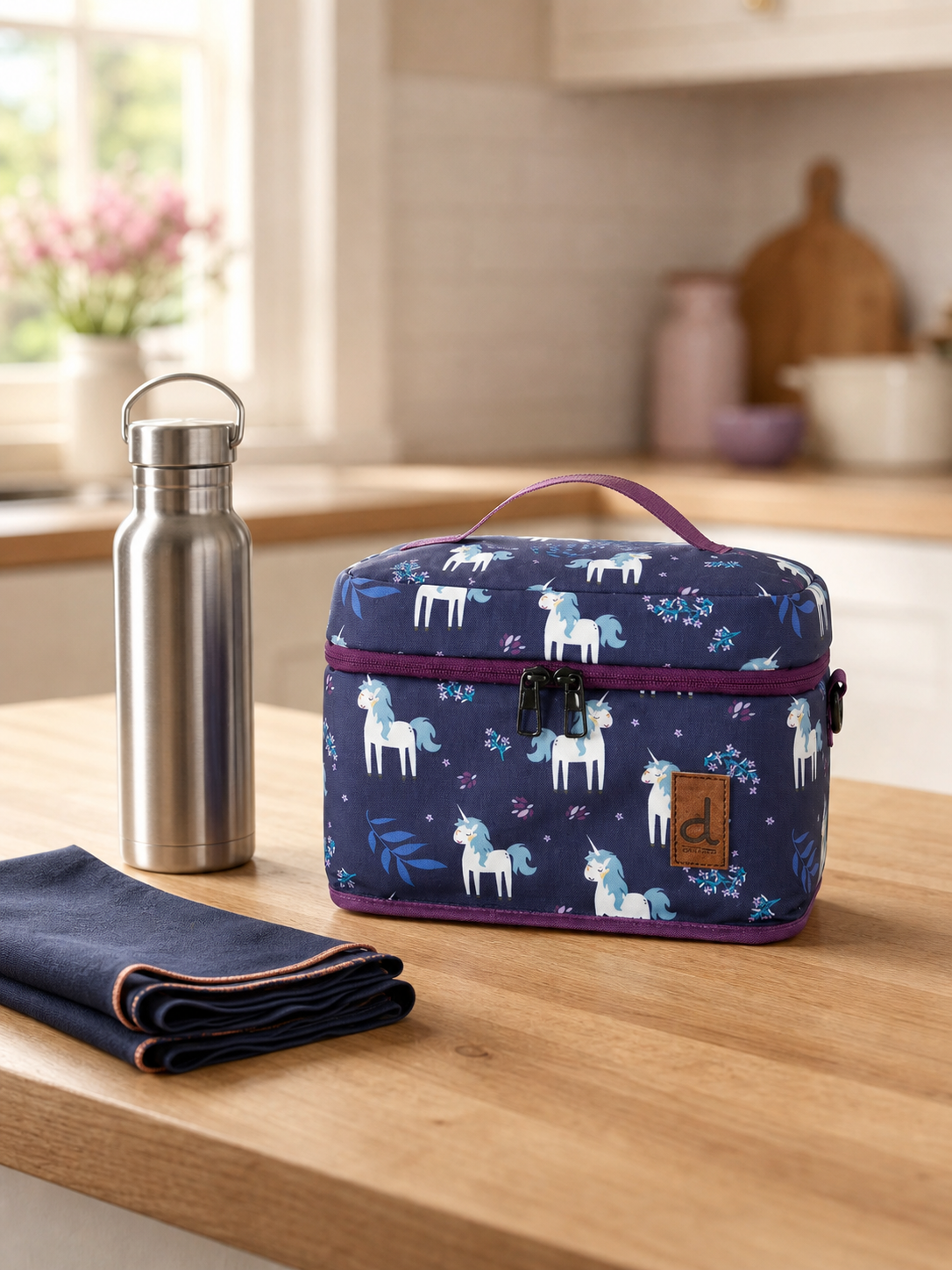 Blue and purple unicorn print lunch box on a kitchen counter