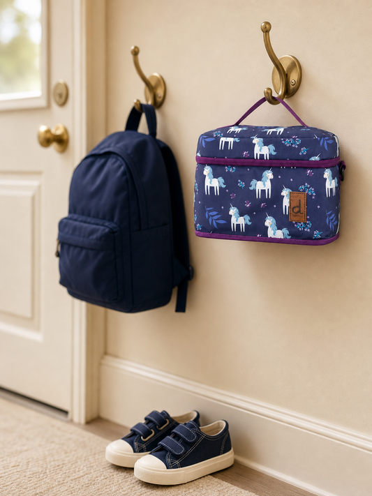 Unicorn print lunch box in an entryway