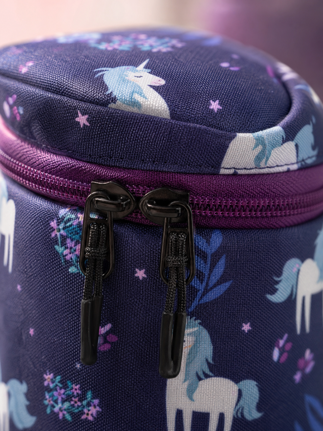 Macro texture detail of the unicorn print lunch box fabric