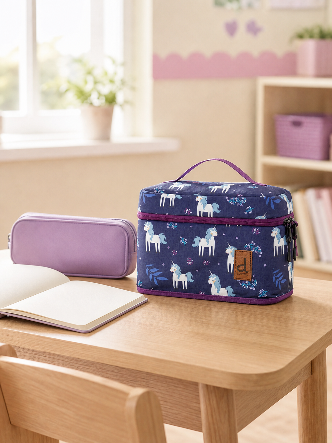 Unicorn print lunch box on a school desk