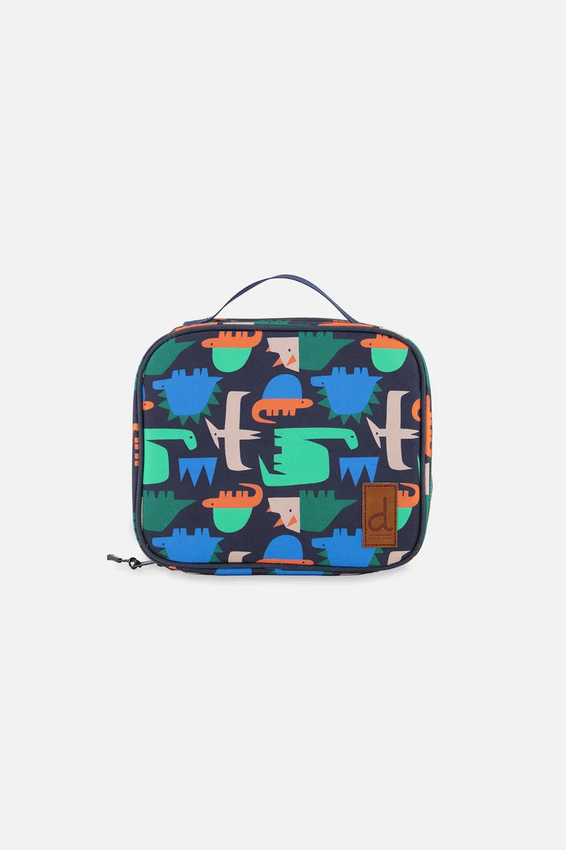 Front view of the blue dinosaur print snack box