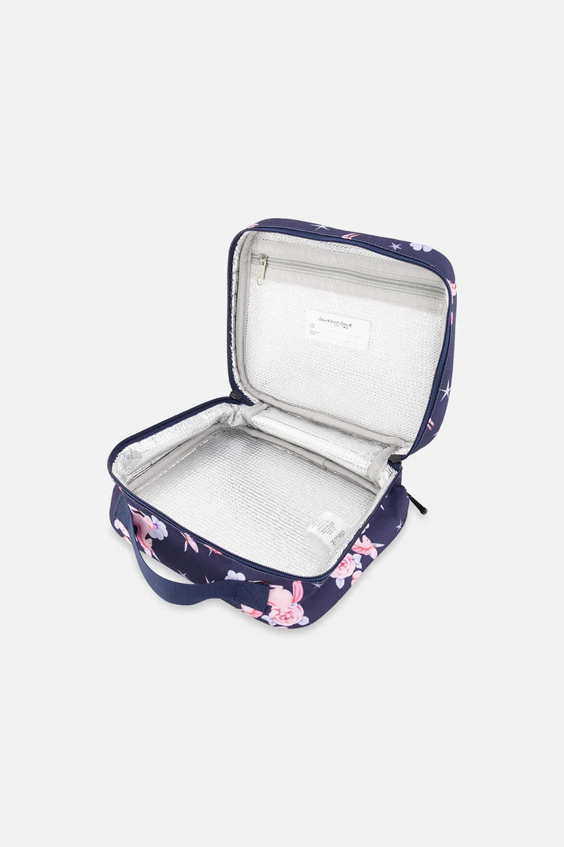 Front view of the navy unicorn print snack box