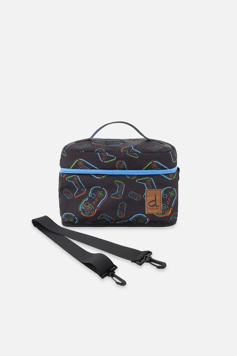 Front view of the black controller print lunch box