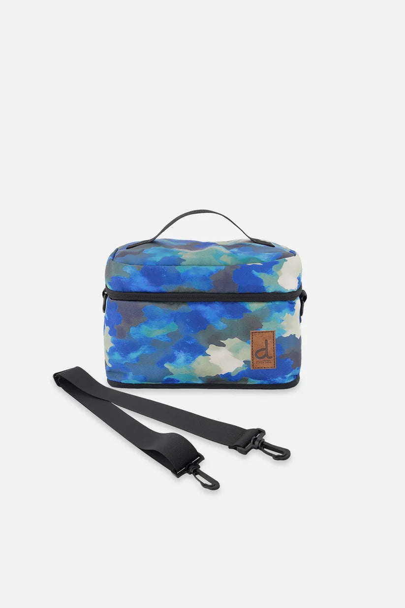 Front view of the blue and grey camouflage lunch box