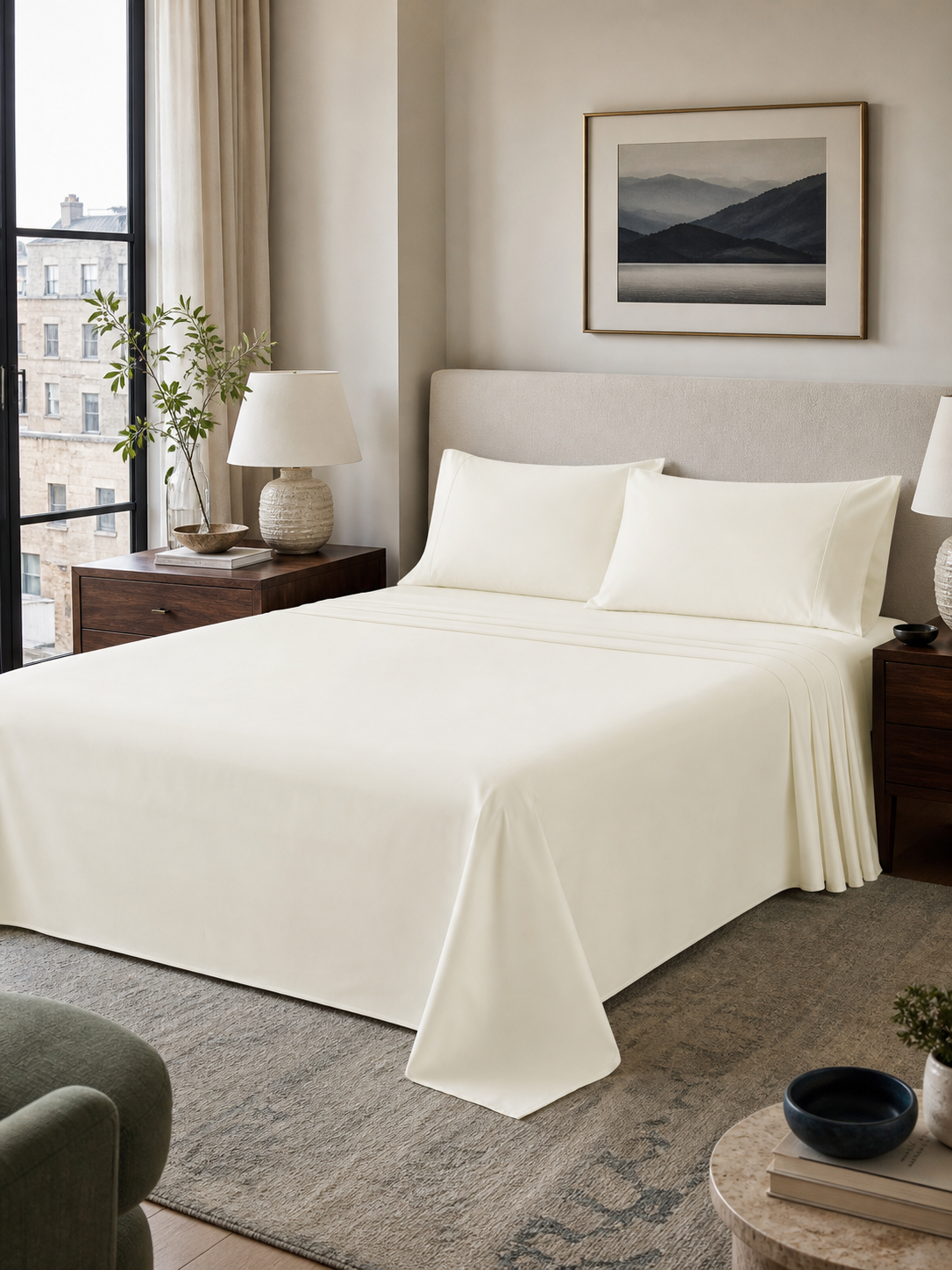 800 thread count ivory cotton sheet set made up on a Queen bed