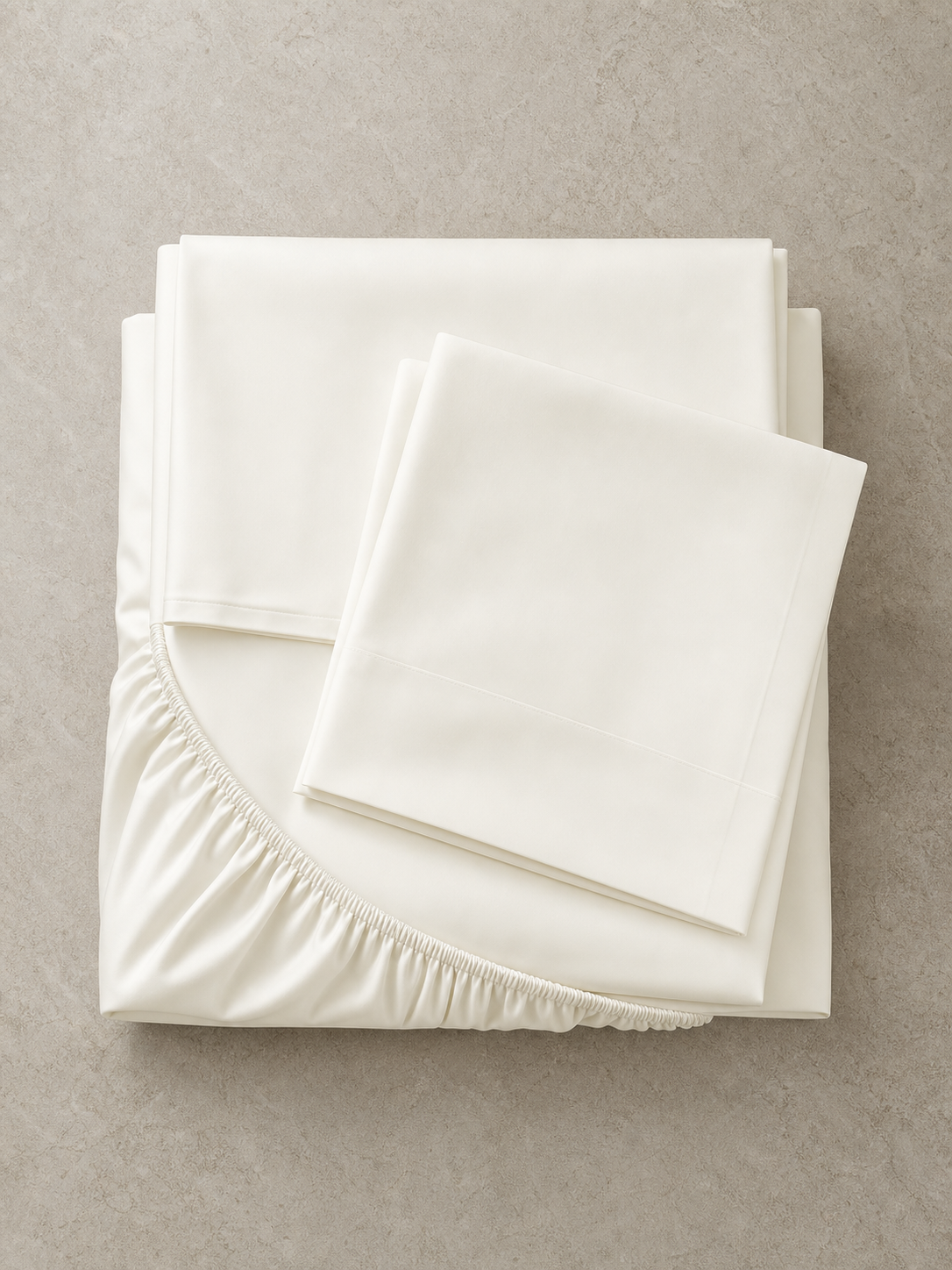 Flat lay of the ivory 800 thread count Queen sheet set