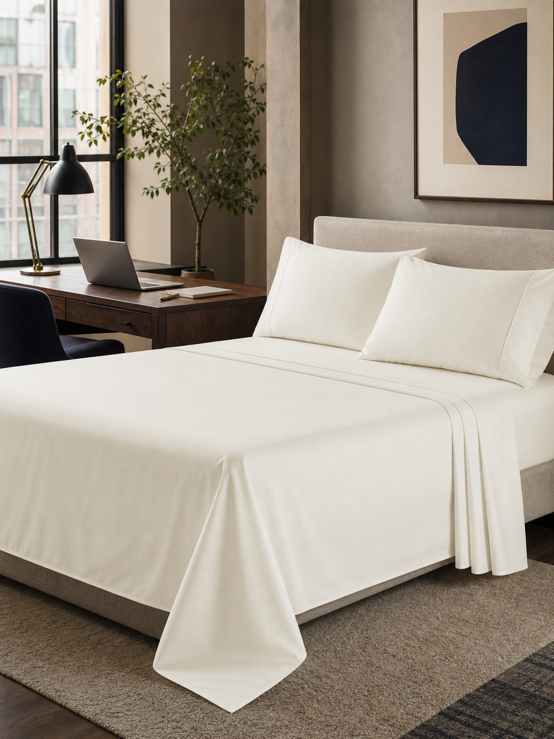Ivory luxury cotton sheet set styled on a made Queen bed