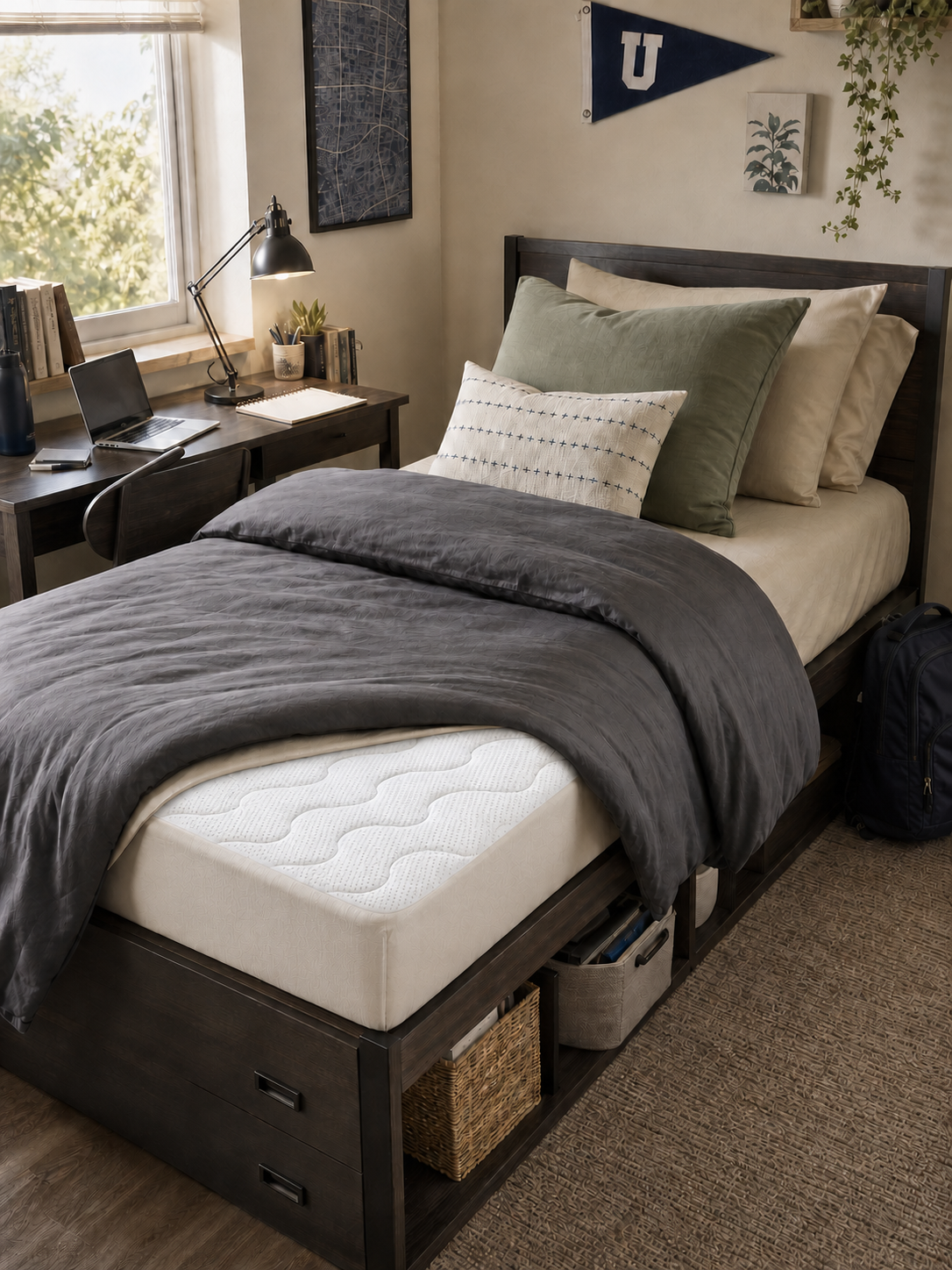 Premium Dorm Bed Bundle styled on a made residence bed
