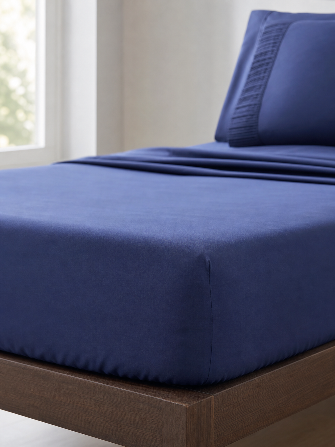 Fitted corner detail of the navy blue Twin XL sheet