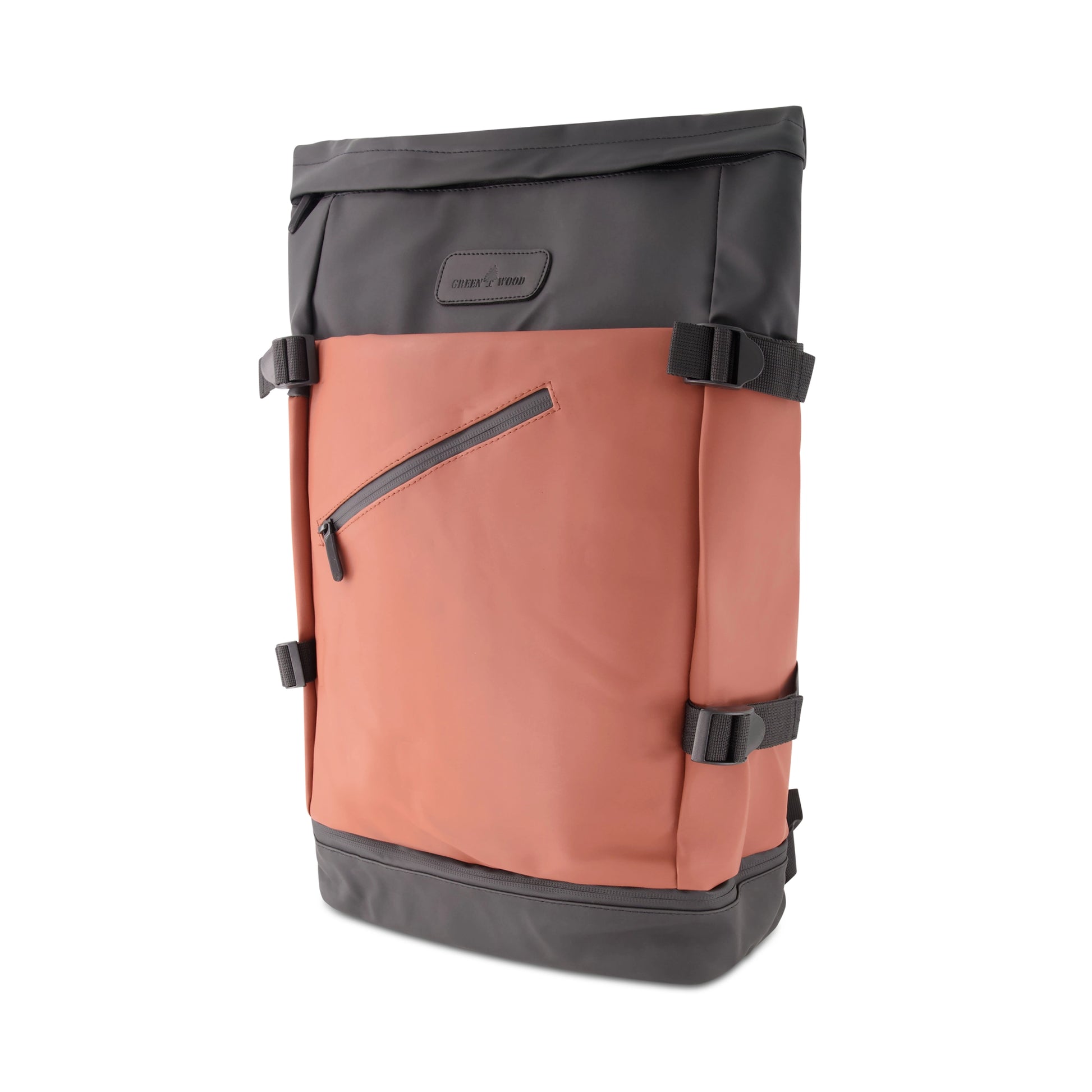 Front view of the tan roll-top laptop backpack