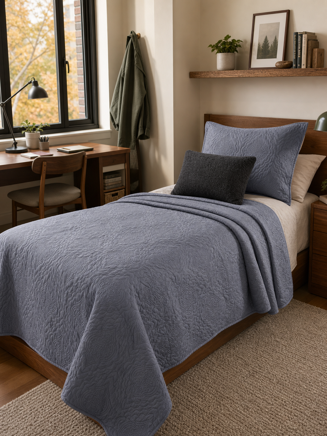 Grey solid embossed 3-piece Queen quilt set made up on a bed