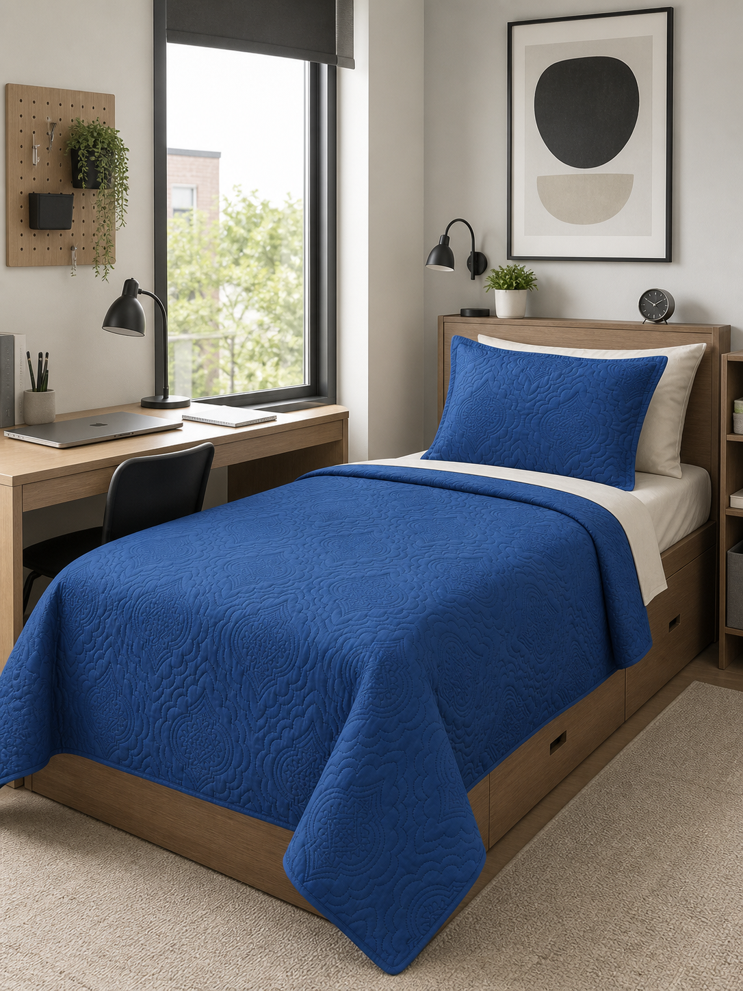Navy blue embossed Queen quilt set made up with matching pillow shams
