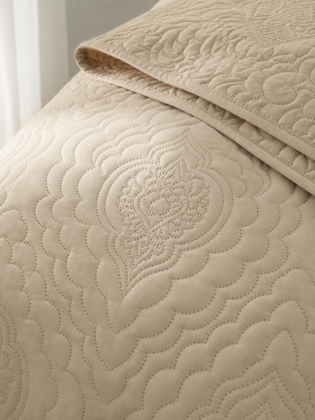 Close-up of the embossed pattern on the taupe quilt