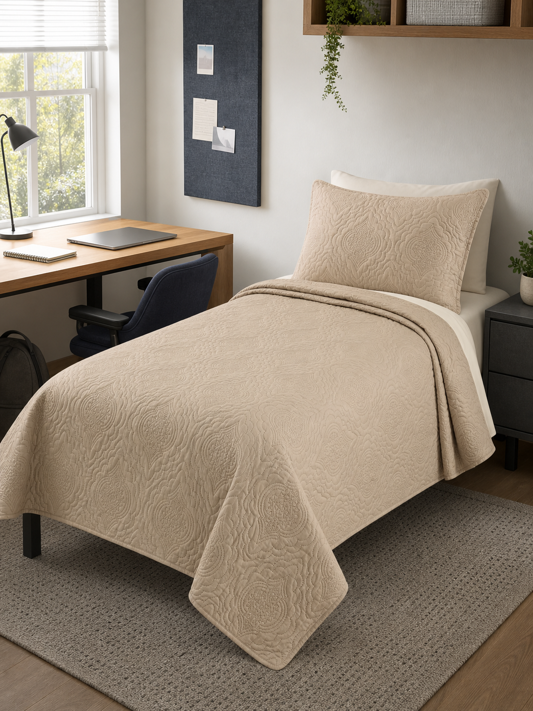 Taupe embossed Queen quilt set made up with matching pillow shams