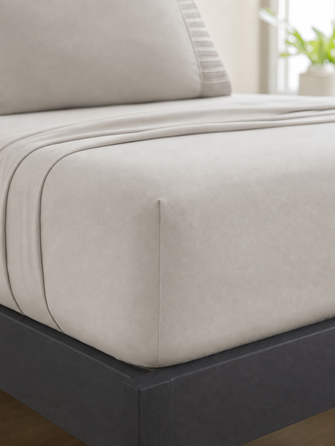 Fitted corner detail of the taupe Twin XL sheet