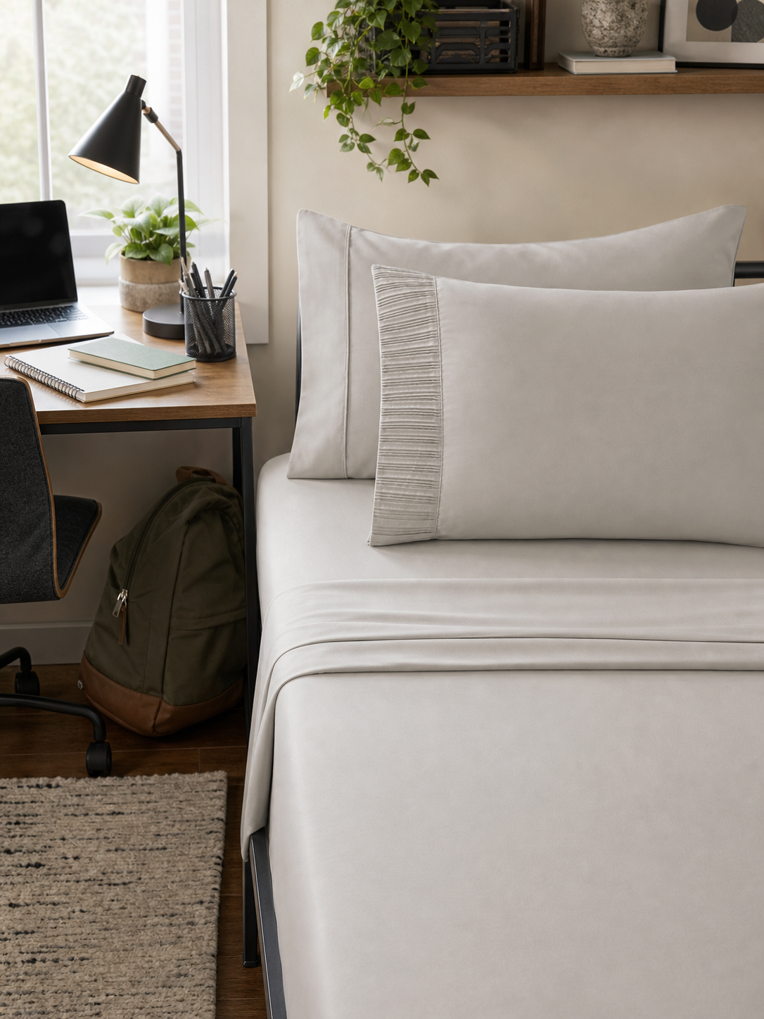 Taupe Twin XL sheet set styled with dorm room essentials