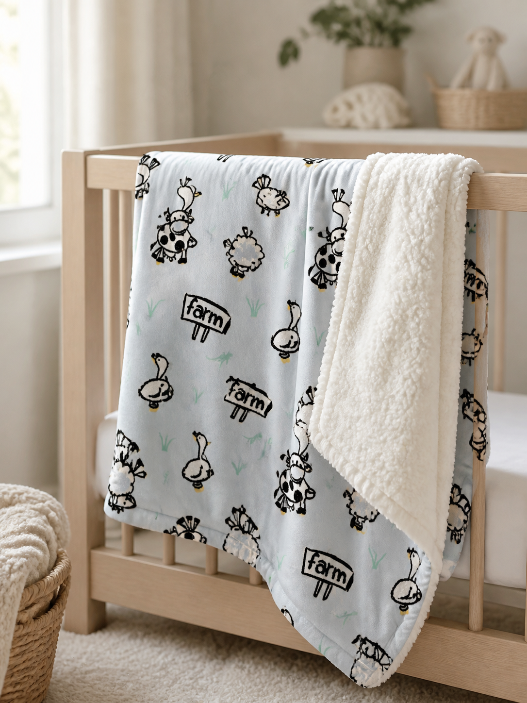 Farm Pattern Mink Sherpa Blanket - Grey