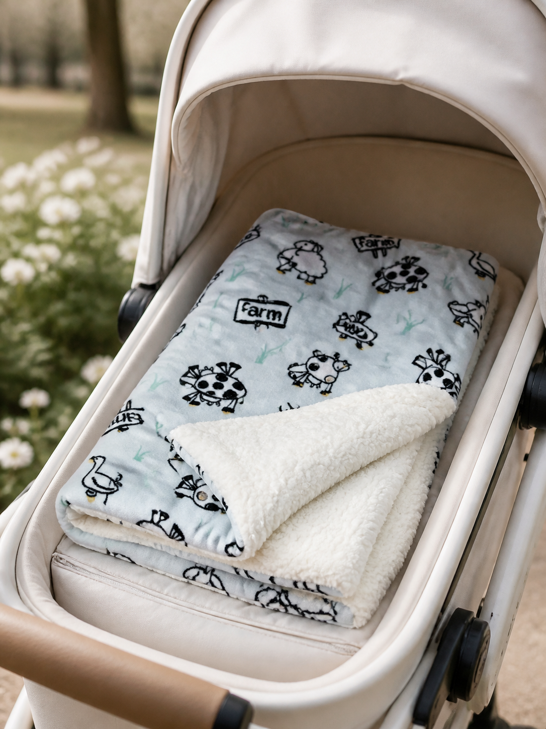 Farm Pattern Mink Sherpa Blanket - Grey