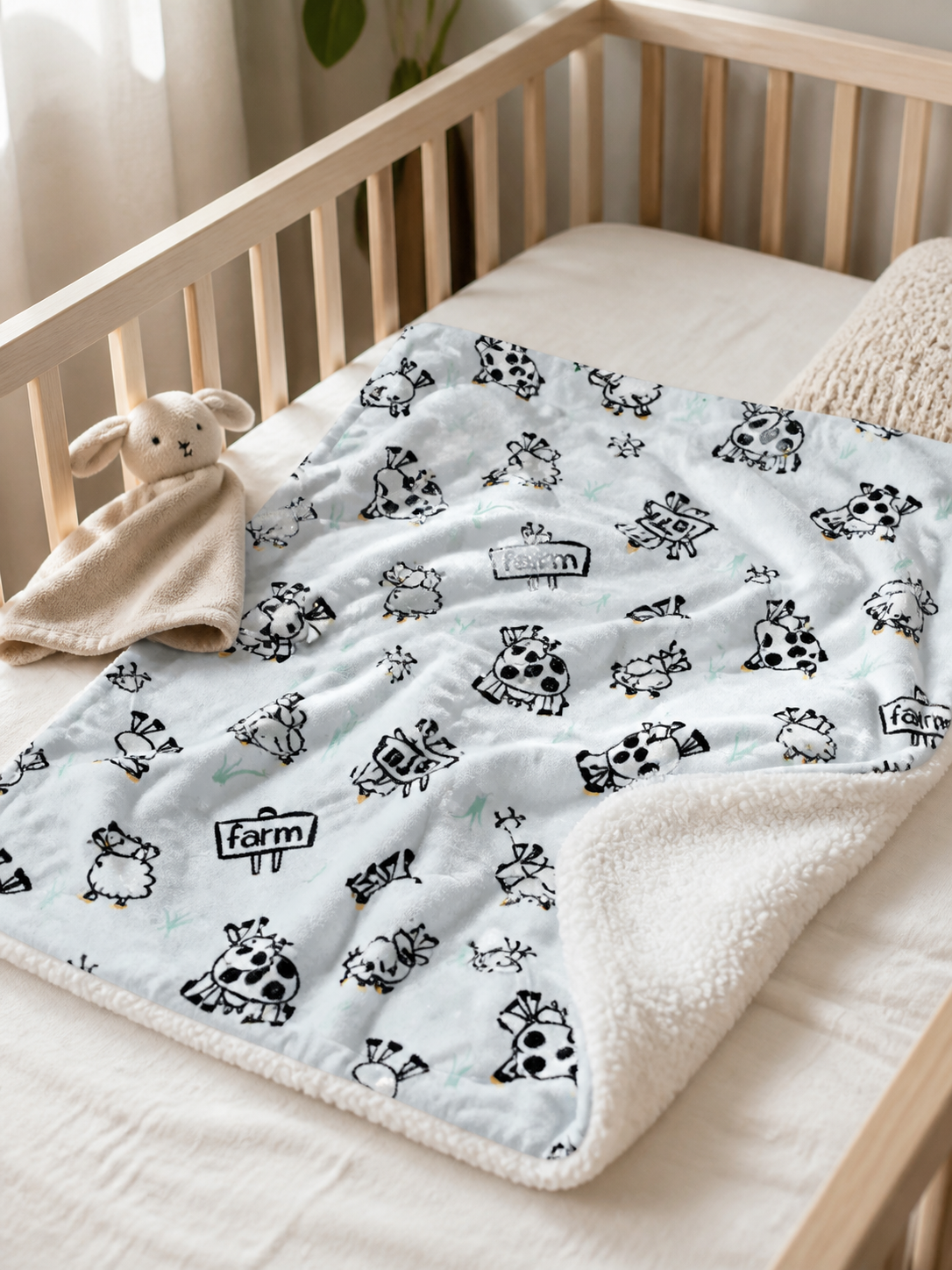 Farm Pattern Mink Sherpa Blanket - Grey