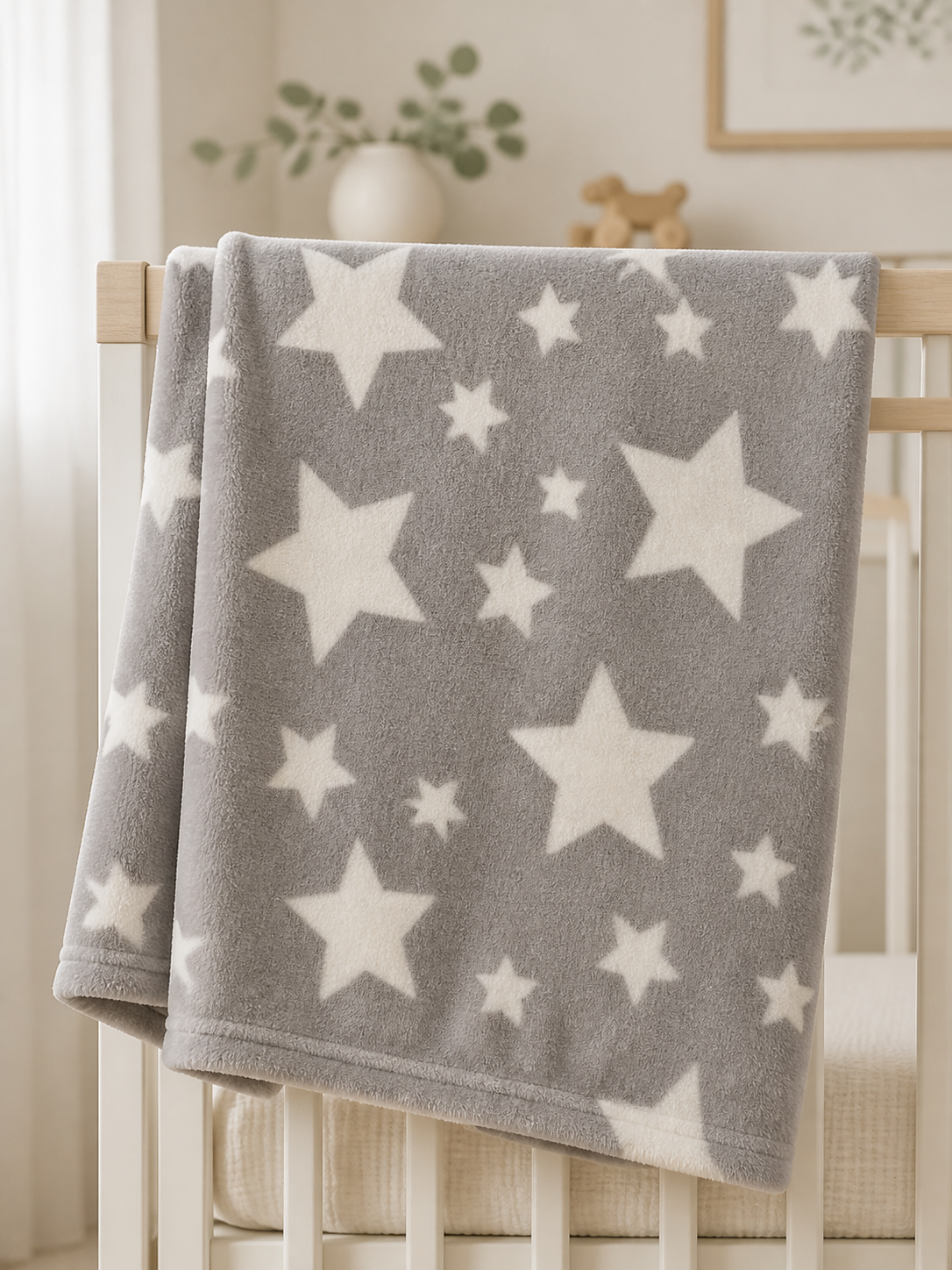 Grey star print flannel fleece baby blanket on a crib rail