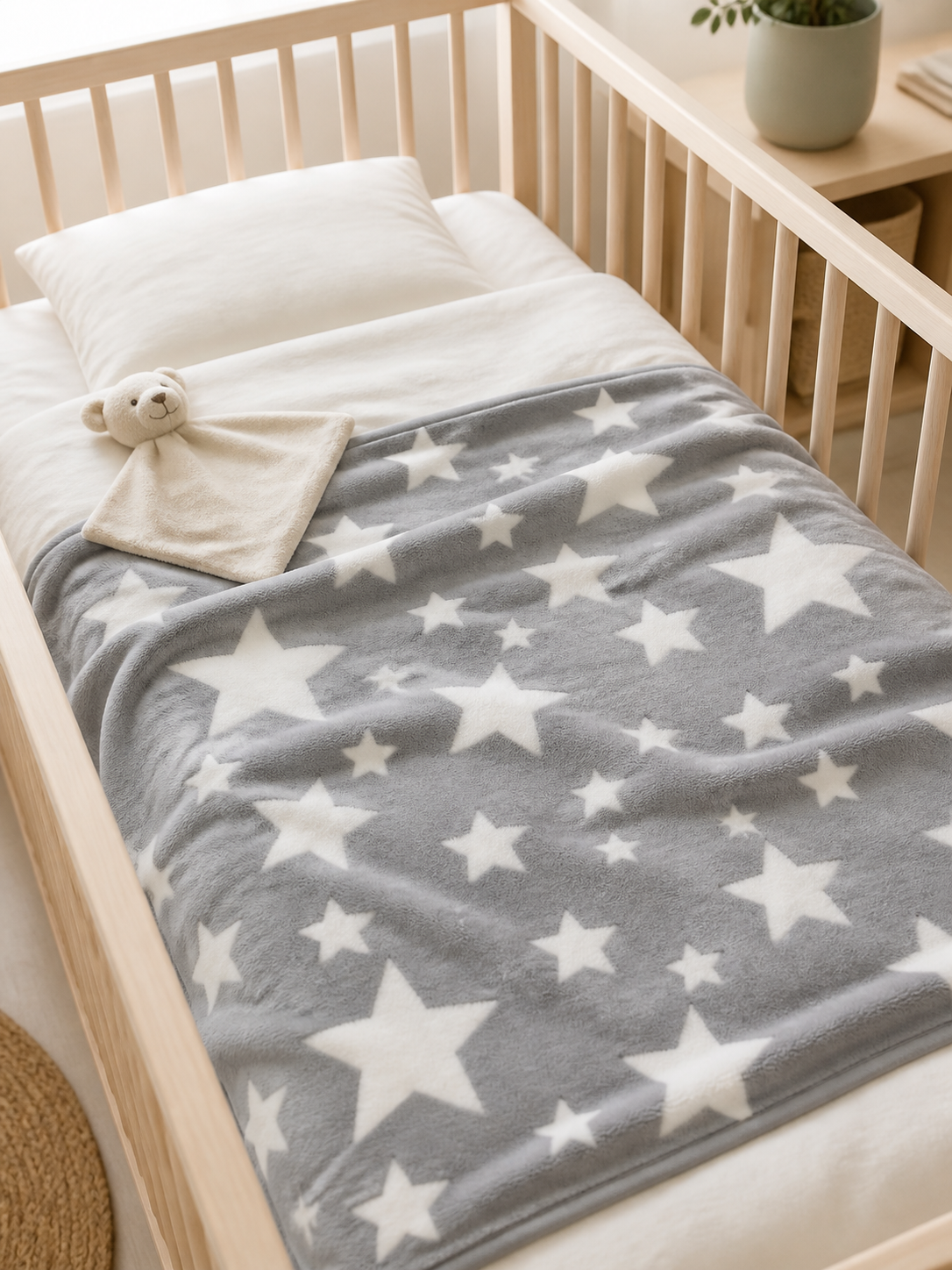 Grey star print flannel fleece baby blanket made up on a crib