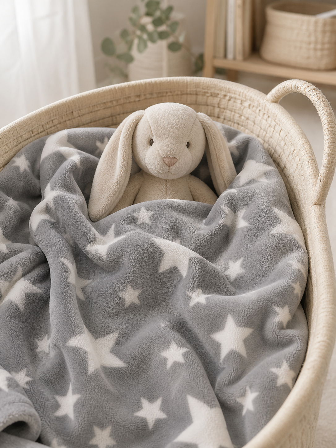 Grey star print flannel fleece baby blanket in a bassinet