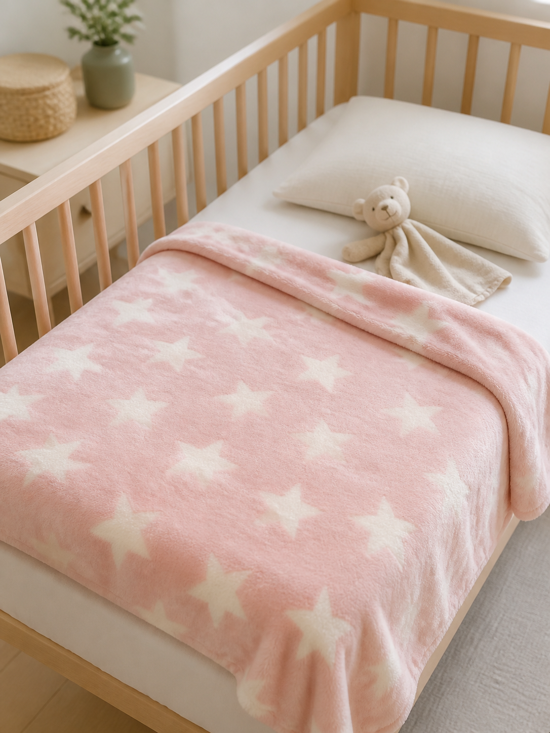 Pink star print flannel fleece baby blanket made up on a crib