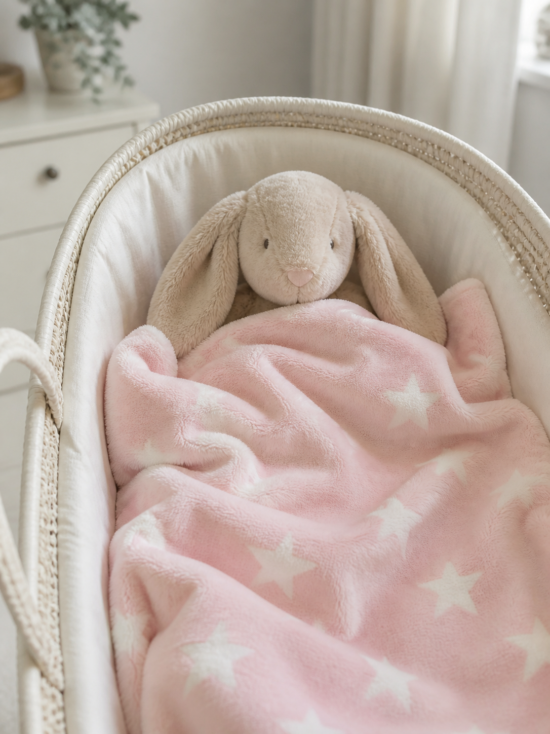 Pink star print flannel fleece baby blanket in a bassinet